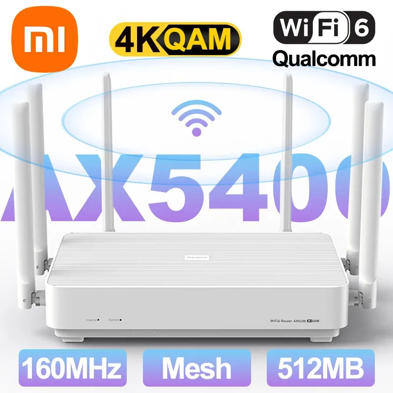 Routers Xiaomi Redmi AX5400 Système de maillage du routeur WiFi WiFi 6 4K QAM 160MHz Bande passante haute 512 Mo pour le travail à domicile avec l'application Xiaomi