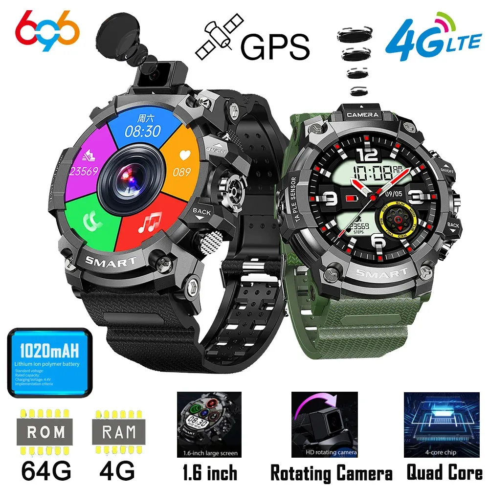 Kontroll 696 2022 Android 4G Smart Watch Outdoor Sport GPS WiFi Flip Camera 1,6 tum 400*400 SCREEN 4G RAM 64G ROM SIM CARD SMARTWATCH