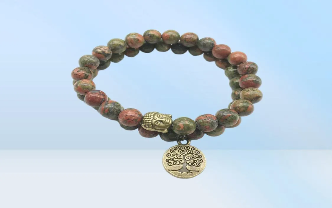 SN1275 Tree of Life Buddha Bronze bedelarmbandset Vintage Design Unakite Bracelet Hoge kwaliteit Natuurlijke stenen sieraden8764394