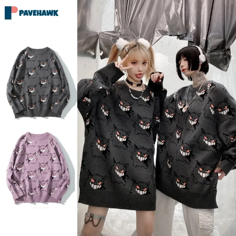 Sweaters Street Harajuku Stricker Pullover Mann Frau Herbst Winter Winter Dämon Cartoon Jacquard Übergroße Pullover Hop Hip Unisex Grey Pullover