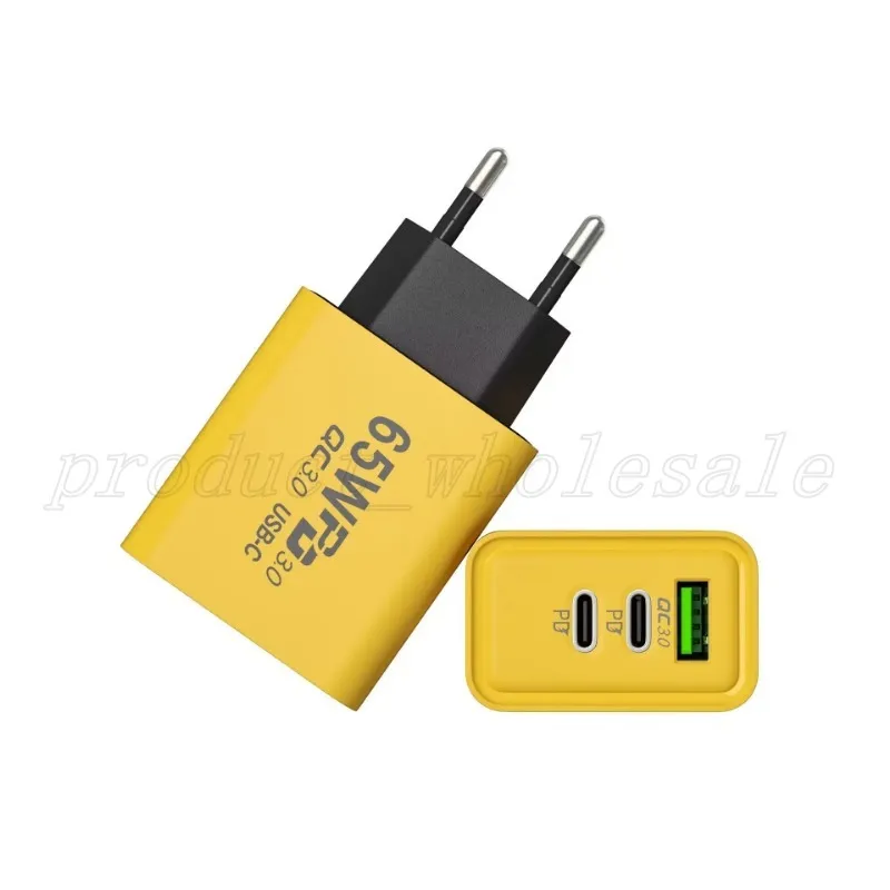 65W Charger USB 3 ports PD 3.0 Type C Chargeur jaune de charge rapide Chargeur rapide QC3.0 Chargeur mural de téléphone mobile pour iPhone Samsung Xiaomi Universal Smartphone