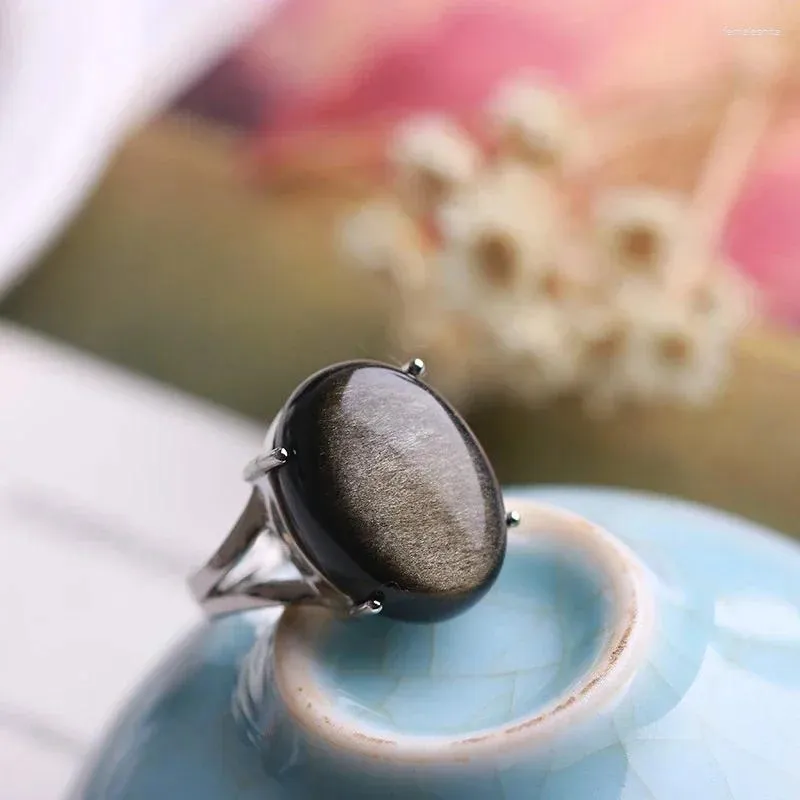 Cluster Rings Wholesale Natural Obsidian Ring Gold Eye Stone S925 Sterling Silver Mosaic Simple Men Women Gift Crystal Jewelry