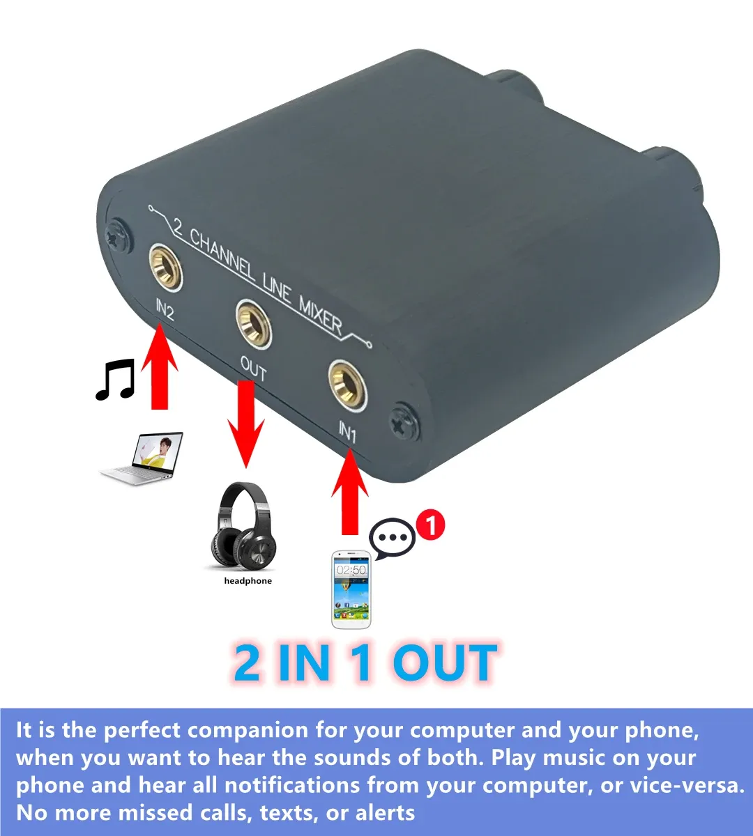 Amplifier 2 Way Audio mixer 3.5mm Unpowered mixer 2 to 1 Stereo line levels control Box mini passive mixer X21