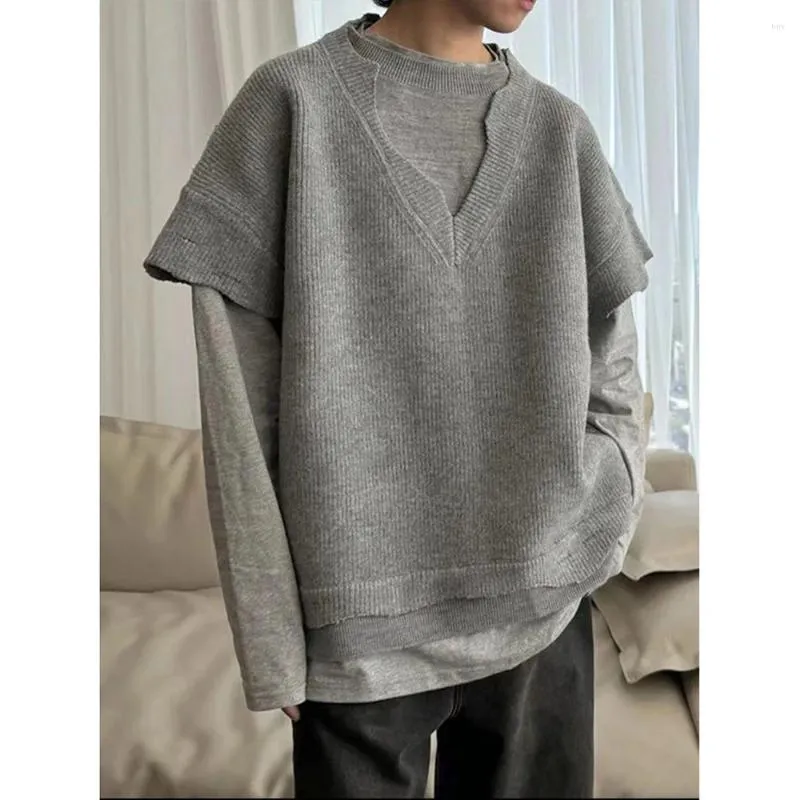 Męskie swetry 2024 Sezonmark Man Grey Loose Sweter dwuczęściowy stały kolor jesienny i zimowy mody Crewneck Long Rleeve