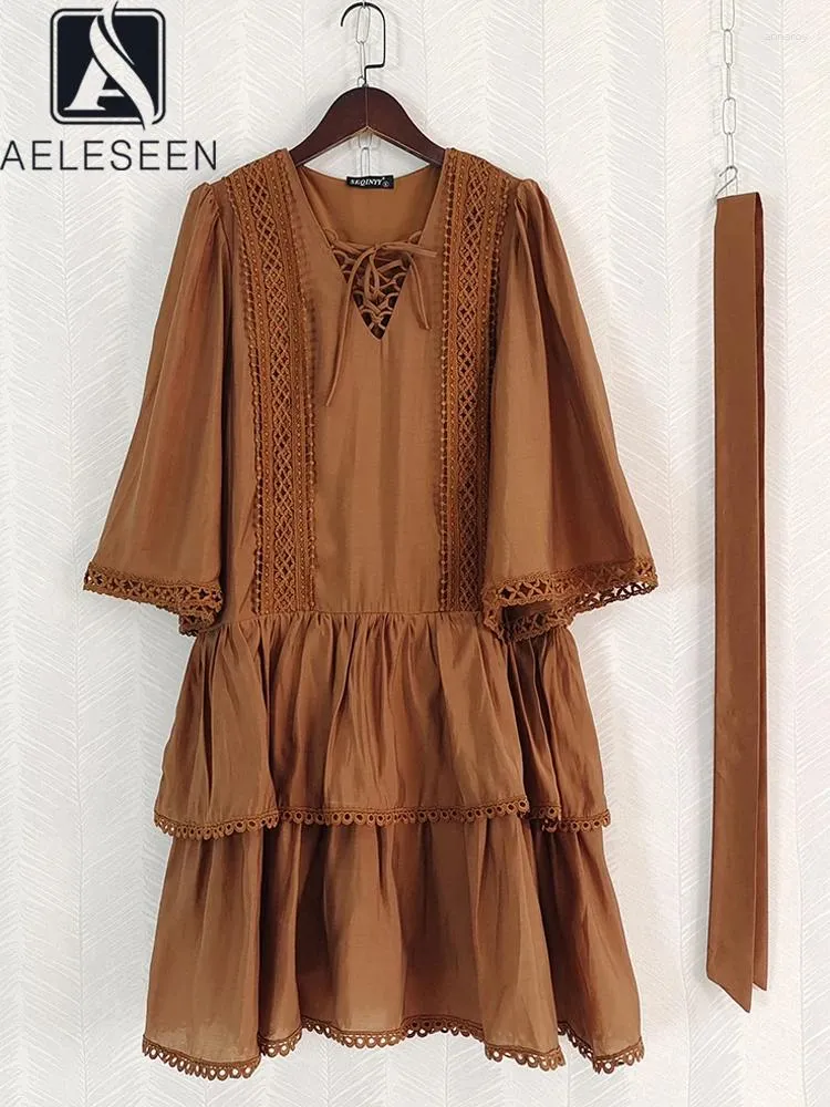 Casual Dresses AELESEEN Runway Fashion Spring Summer Dress Women's Flare Sleeve V-Neck Sold Bandage Cascading Ruffles Whte Yellow Brown