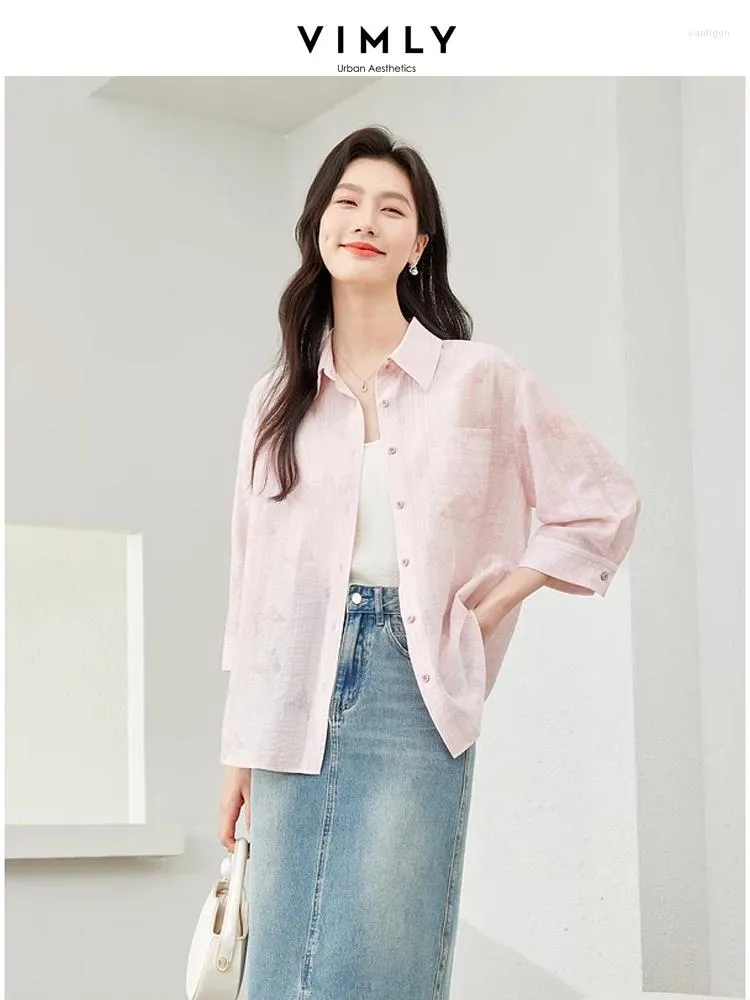 Women's Blouses Vimly Light Pink Button Up Casual Lyocell Shirt 2024 Spring Lapel Three Quarter Sleeve Thin Printed Women Blouse Clothes