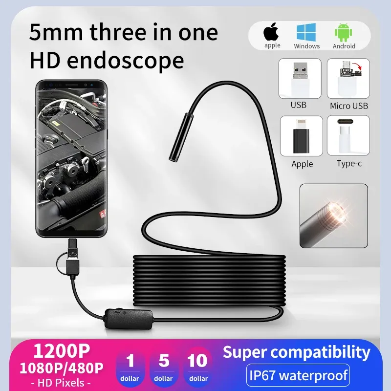 Kameror Pipeline Endoscope 480p/1080p/1200p kamera lämplig för 5,5 mm/8mm Android Treinon iPhone -inspektionsrörbilendoskop