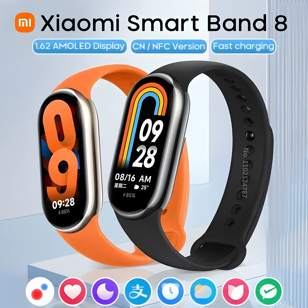 Opaski na rękę globalną wersję Xiaomi Band 8 1.62 '' AMOLED Long Bateria Life Mi Band Smart Bransoletę 150+ Tryby sportowe Tlenek krwi