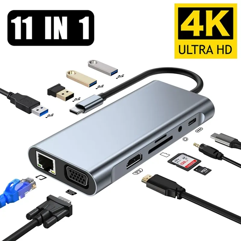 Hubs USB C Hub Type C till HDMicompatible RJ45 5 6 8 11 Ports Dock med PD TF SD AUX USB HUB 3 0 Splitter för MacBook Air Pro PC Hub