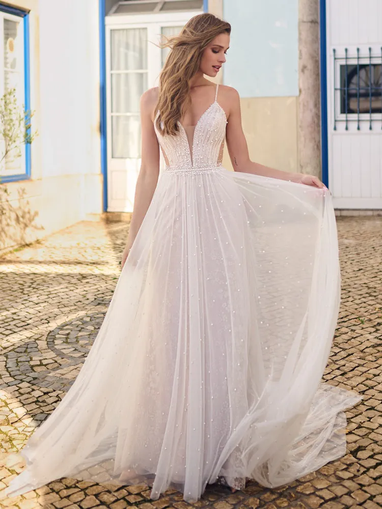 striped beach dress for women Modern Ruched Tulle Sweetheart Sheer Corset Pink Beach Wedding Dress, White main image 1