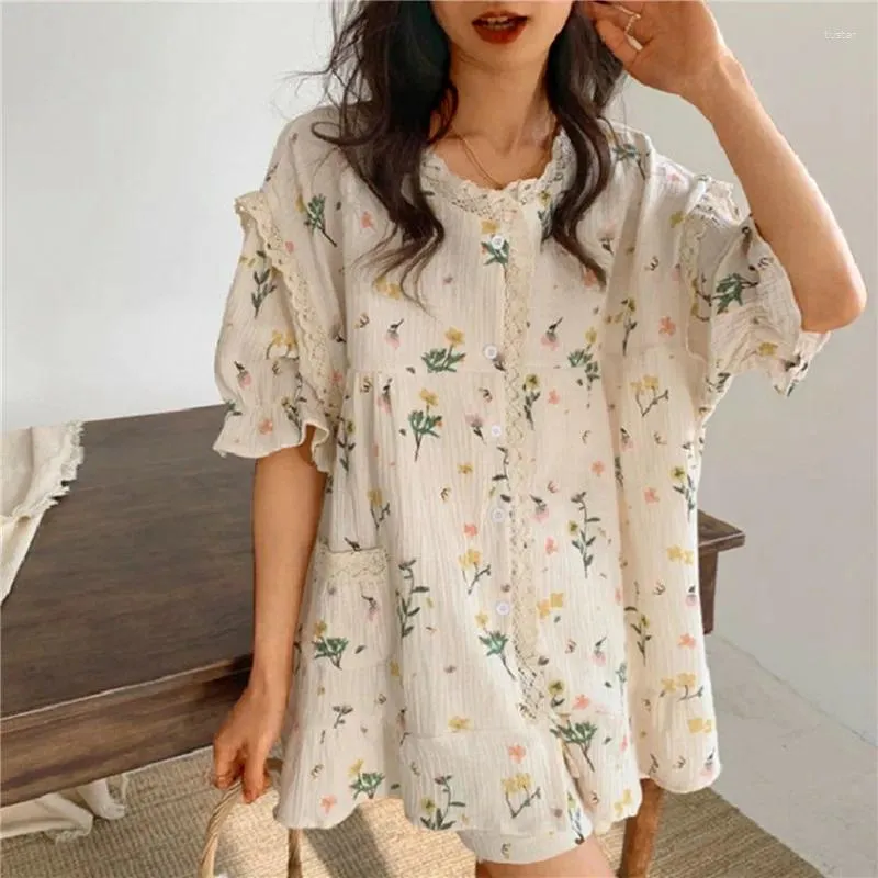 Weibliche Nachtwäsche 2024 Frauen floraler Print Pyjama französischer Stil lässig stilvolle Femme Sommer süße Spitze junge Mädchen täglich einfaches Design