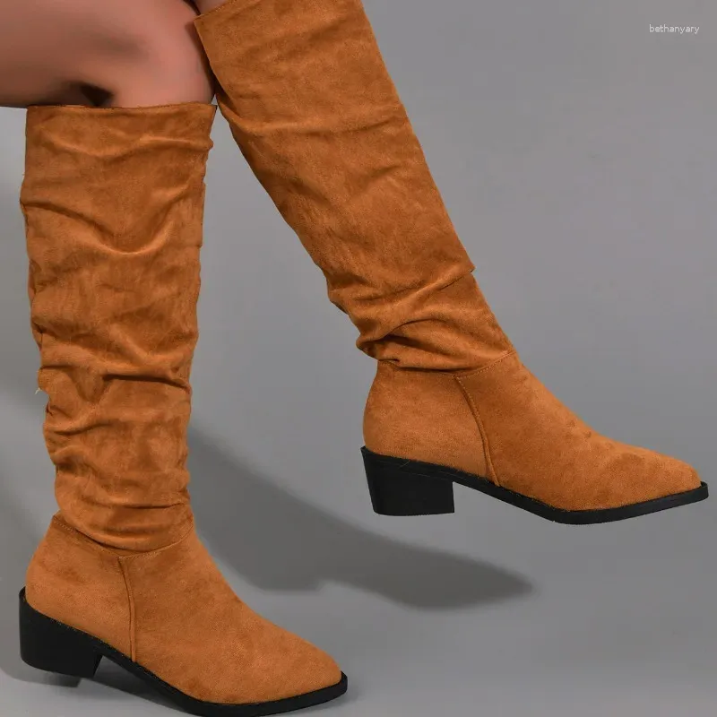 Stivali donne occidentali 2024 inverno in inverno retrò puntato di punta di piedi lunghe scarpe da esterno spesse tallone botas de mujer