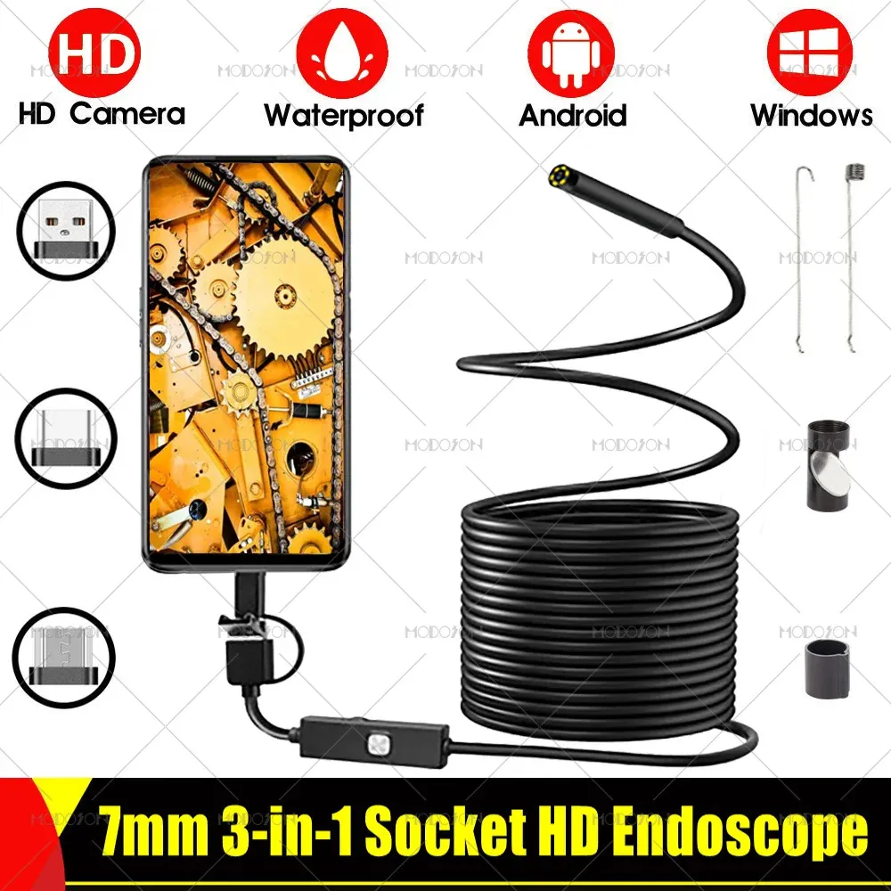 Cameras 7mm HD Endoscope Camera OTG USB Typec Car Sewer Drain Pipe Scope Inspection Borescope Snake Flexible Endoscopy For Android PC