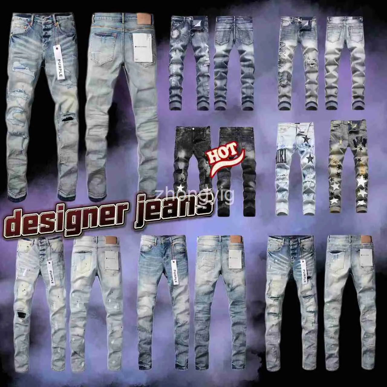 Motorfiets ksubi jeans paarse jeans ontwerper mannen knielen dunne rechte trendy lang gescheurde high street maat 7780