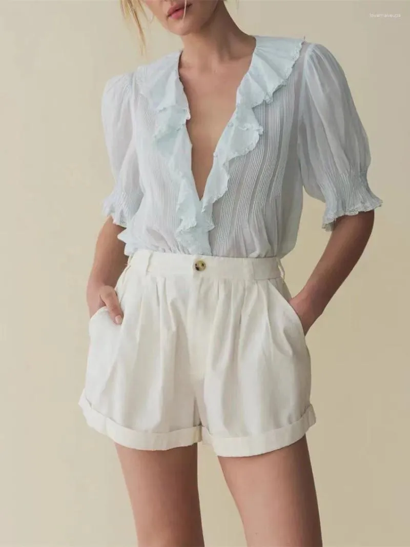 Blouses de femmes Femmes Bleu clair volage volume V-Neck Blouse Summer 2024 Short à manches bouffantes