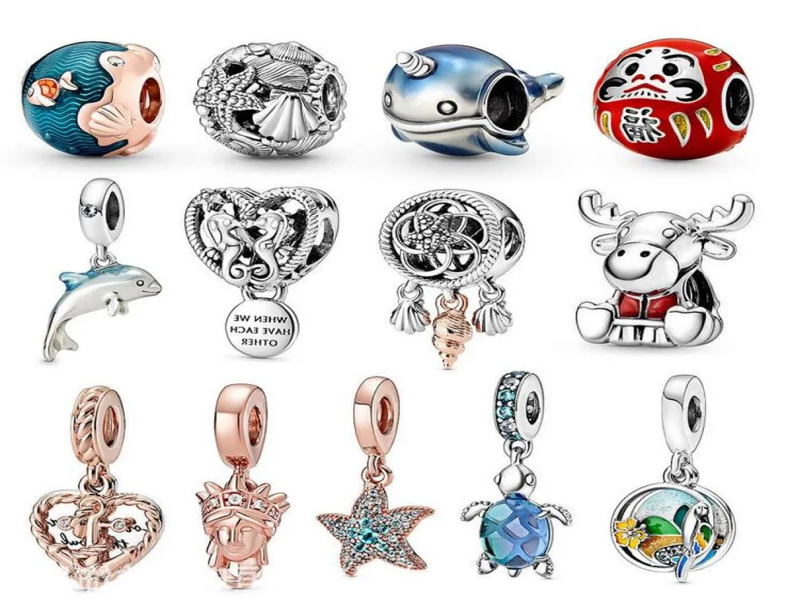 2020 NYA 925 Sterling Silver Jewelry Summer New Ocean Series Dolphin Turtle Charm Pärlor FITS JACHETS NACKLACE FÖR KVINNOR 4610100