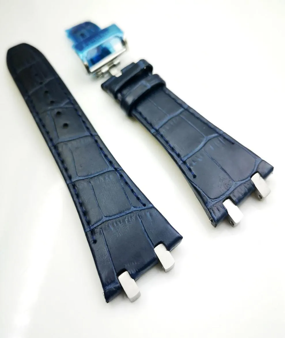 27mm Blue escuro Alta qualidade Correia de couro 18 mm Clasp Strap 4 Conector 4 parafuso 2 Link para AP Royal Oak 15400153009318094