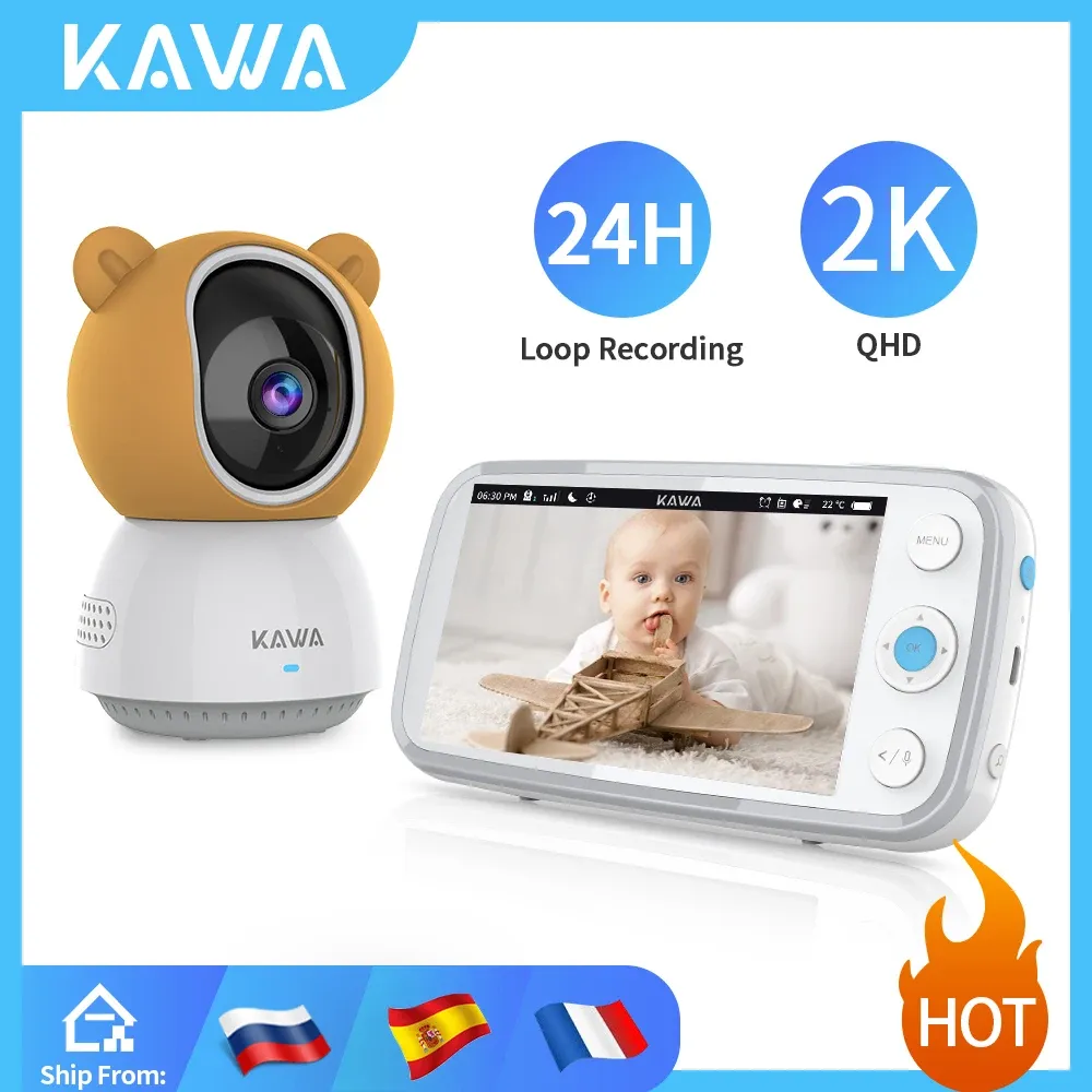 Monitoren kawa 2k babymonitor met camera's audio video nanny draadloze camera met 4000 mAh batterij 5 inch scherm tf card nacht visie 360 °