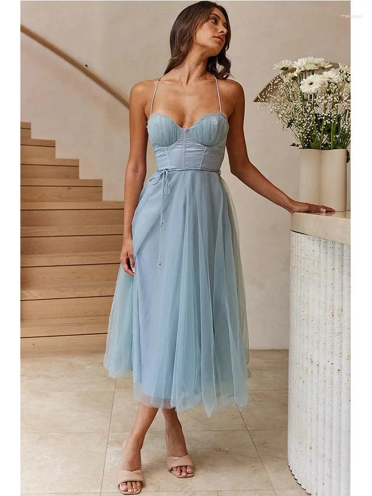 Casual Dresses Chicheca Strapless Halter Summer Women Party Tulle Dress Sexy Mesh Sleeveless A-line Pleated Backless Elegant De Fiesta