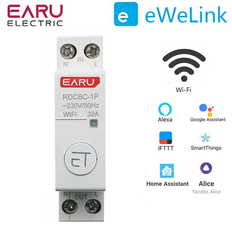 Kontroll 1P+N DIN RAIL WIFI Circuit Breaker Smart Timer Switch Relä Remote Control av Ewelink Smart Home Compatible med Alexa Google