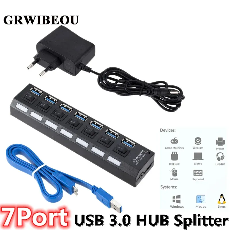 Hubs Grwibeou USB 3.0 Hub USB Hub 3.0 Verwenden Sie Stromadapter Multi USB Splitter 7 Port Mehrfach 3 Hab Expander USB -Hub mit Switch für PC