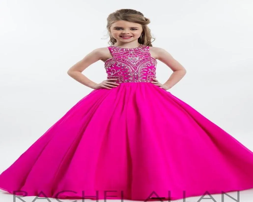 Fuşya ışıltılı prenses kızlar yarışmaları için pageant elbiseler gençler için rhinestone zemin uzunluğu çiçek çocuklar resmi giyim balo elbiseleri7064557