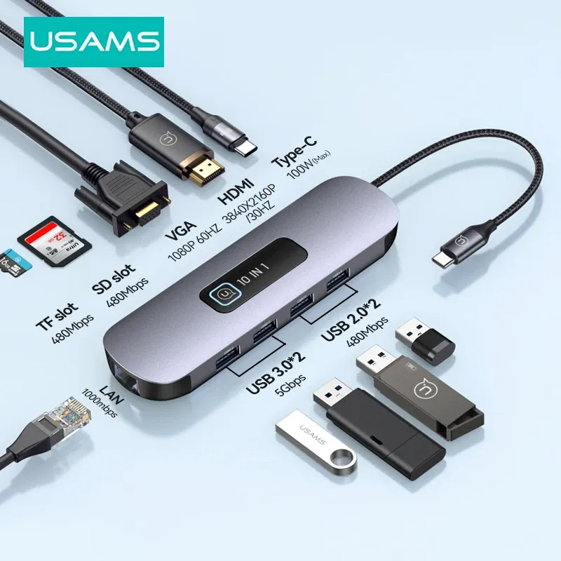 Hubs USAMS USB C Hub Type C à HDMI2.0 RJ45 PD 100W Charger pour MacBook iPad Pro Air PC Accessoires Type C 3.1 Splitter USB Hub