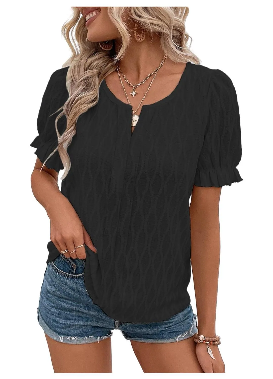 Mujeres camisas tops verano manga corta tripulación camisas de cuello hojaldre ropa elegante toe casual blusas