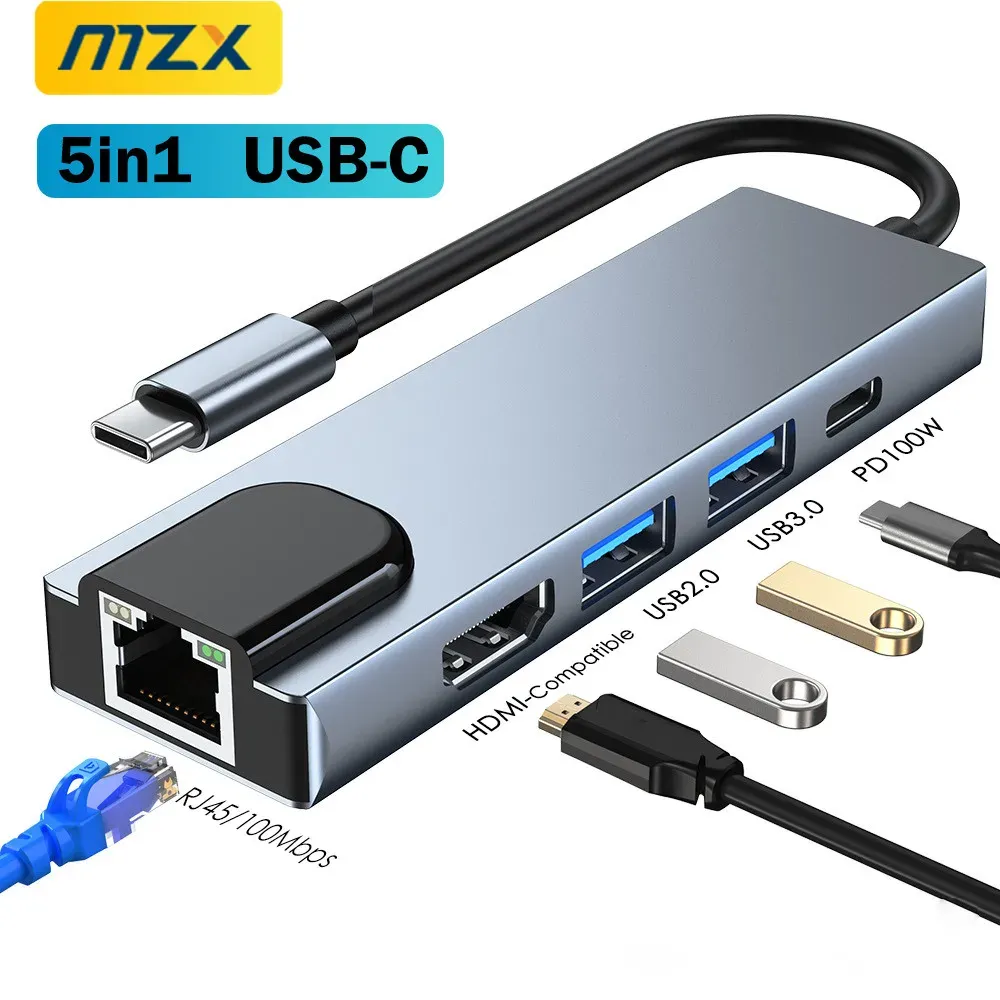 ハブMZX 5 IN 1ドッキングステーションタイプCからHDMICAPTIBLE RJ45イーサネット100M DOCK USB HUB 3 0 2.0 3.0コンセントレーター拡張アダプター