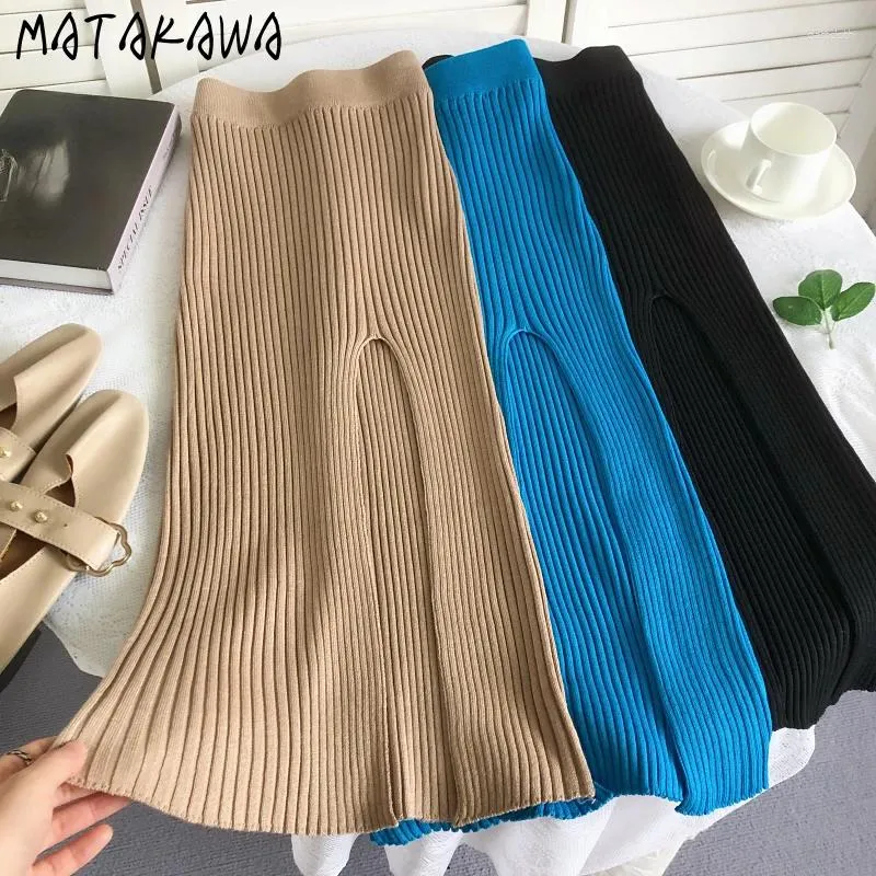 Skirts Matakawa Y2k Knitting Women Solid Autumn Winter Korean Fashion Vintage Faldas Mujer Slit Sexy High Waist Long Skirt