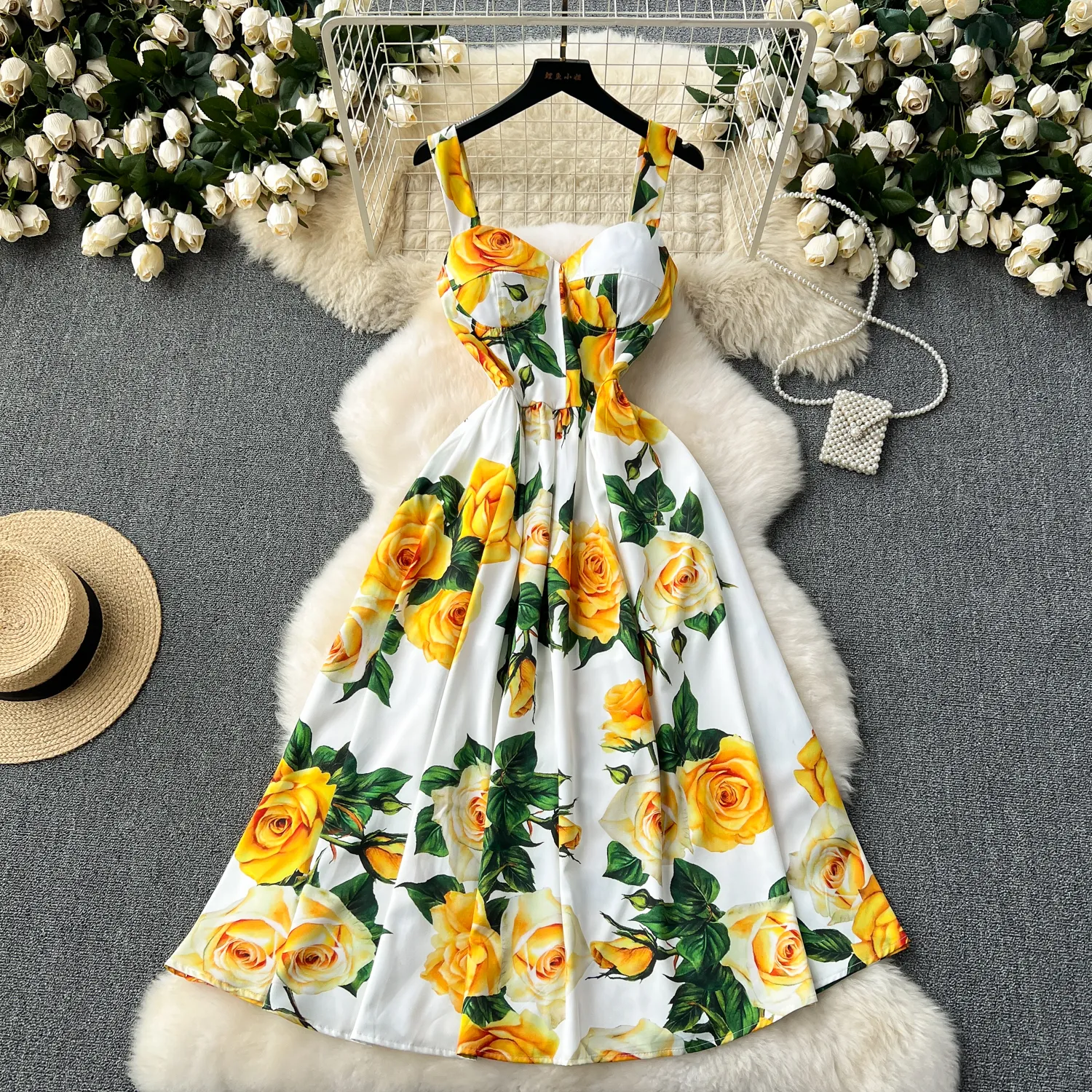 2024 Casual Dresses Summer Runway Beach Spaghetti Strap Dress Women's V-neck Sleeveless Cup Padded Flower Print Holiday Party Vestidos Sundress