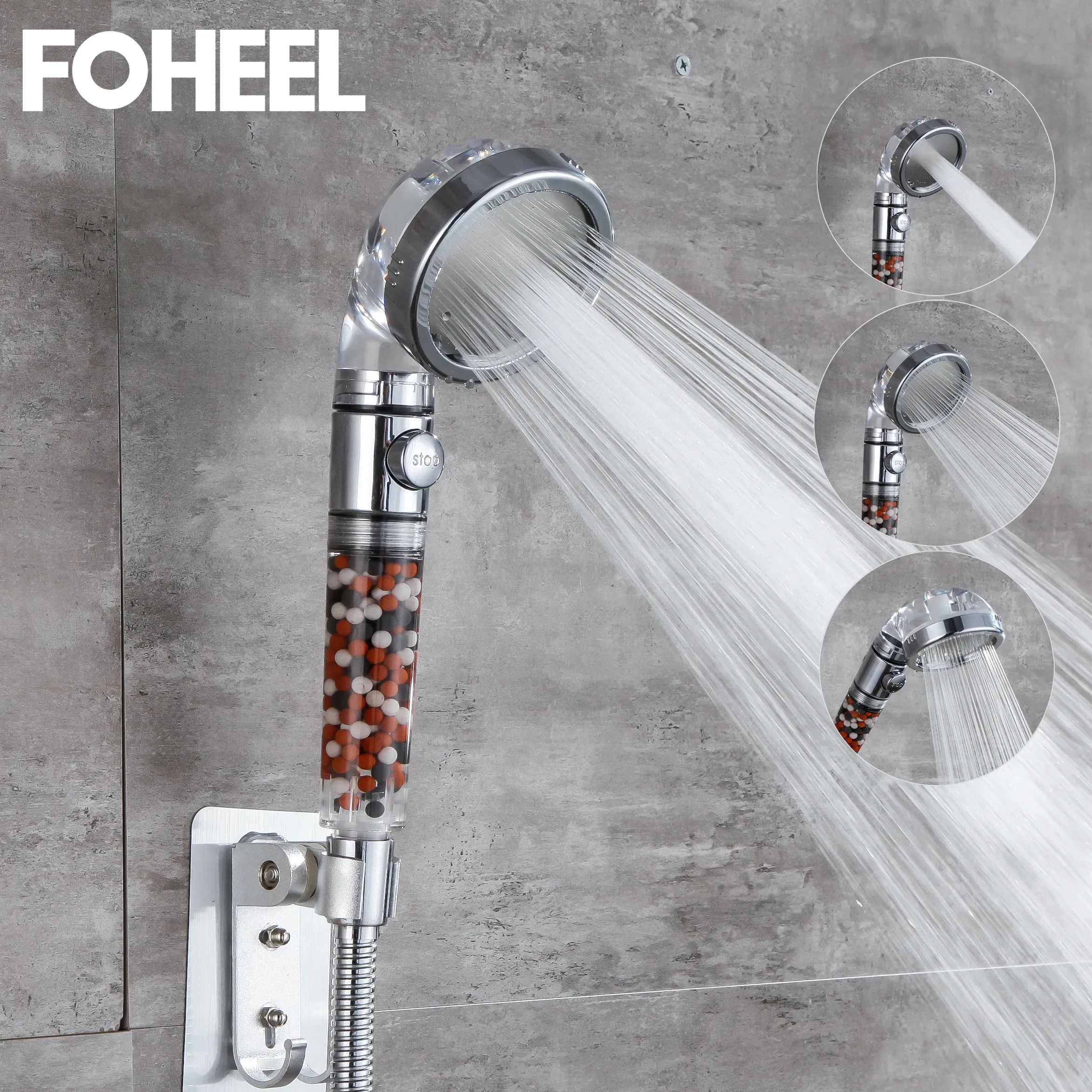 Purificateurs Foheel un bouton pour arrêter la pomme de douche pour la salle de bain Utilisation de la maison Trois modes Fonction de pulvérisation d'eau Accessoires de bain filtrés