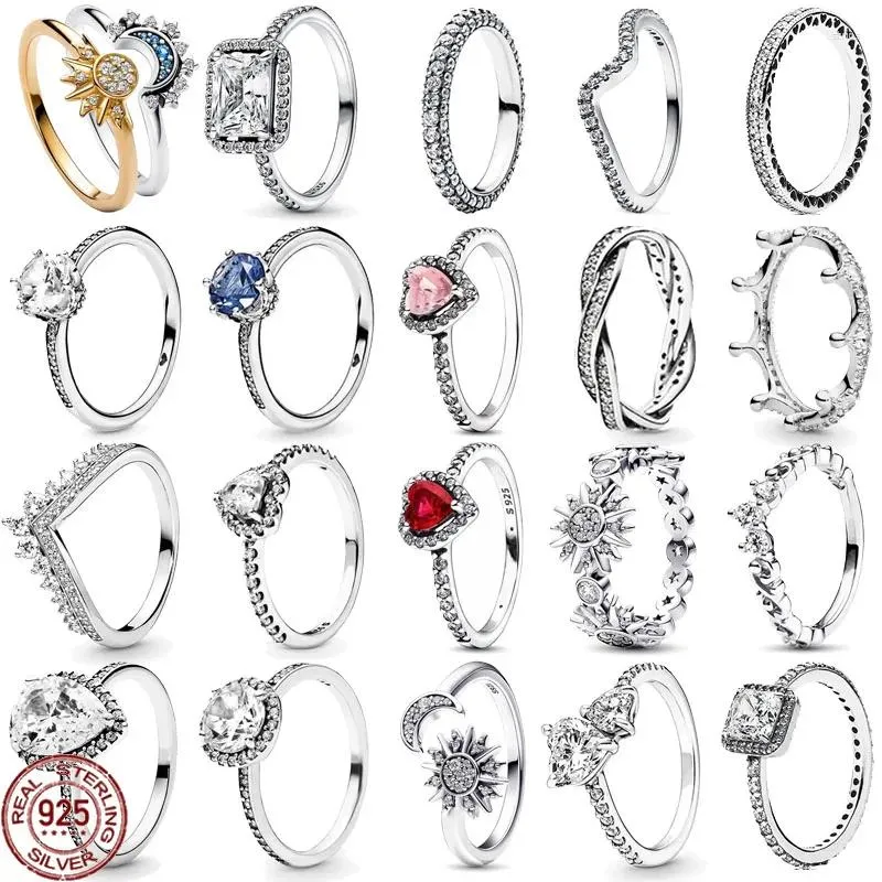 Ringos de cluster requintados 925 Sterling Silver Classic Rounds Heart Crown Ring Ring Light Luxury Charm Feminino Surpresa do Presente de Jóias