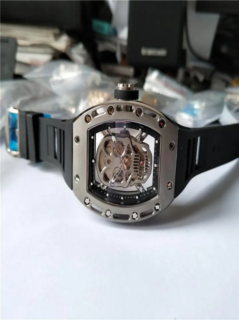 men039s sport watch top sell Man watches mechanical Hand Wind wristwatch black rubber strap skull dial 022t2795427