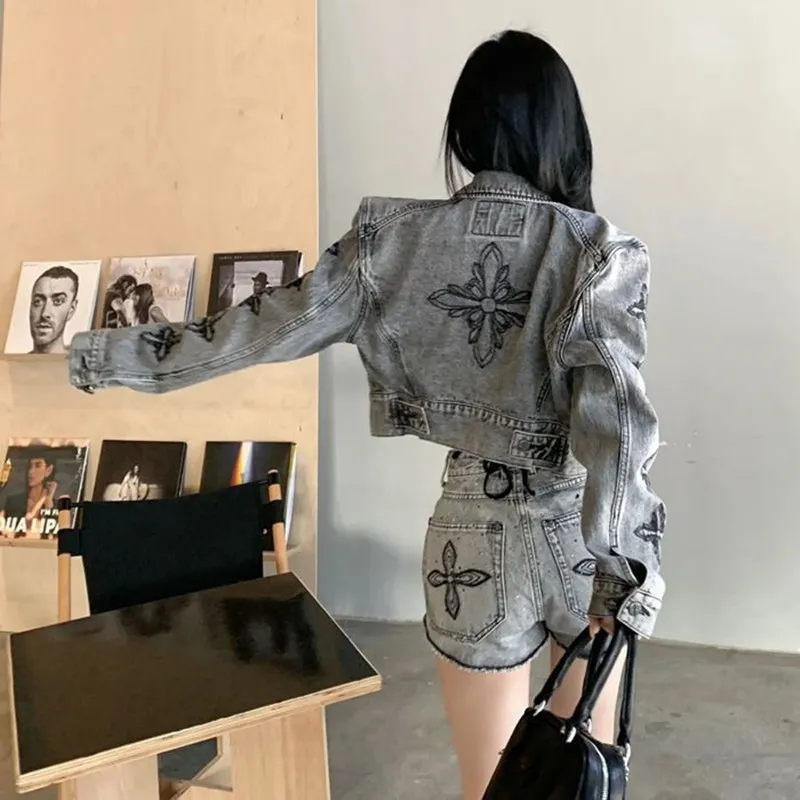 Denim Jacket And Skirt Set Womens Short Suit Set Autumn Vintage