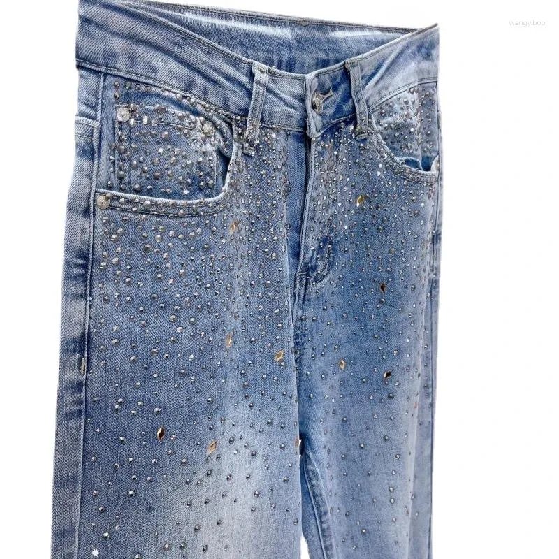 Dames jeans 2024 Europese stijl zware industrie voor vrouwen elastisch licht luxe diamant zachte denim rechte pijpen street broek