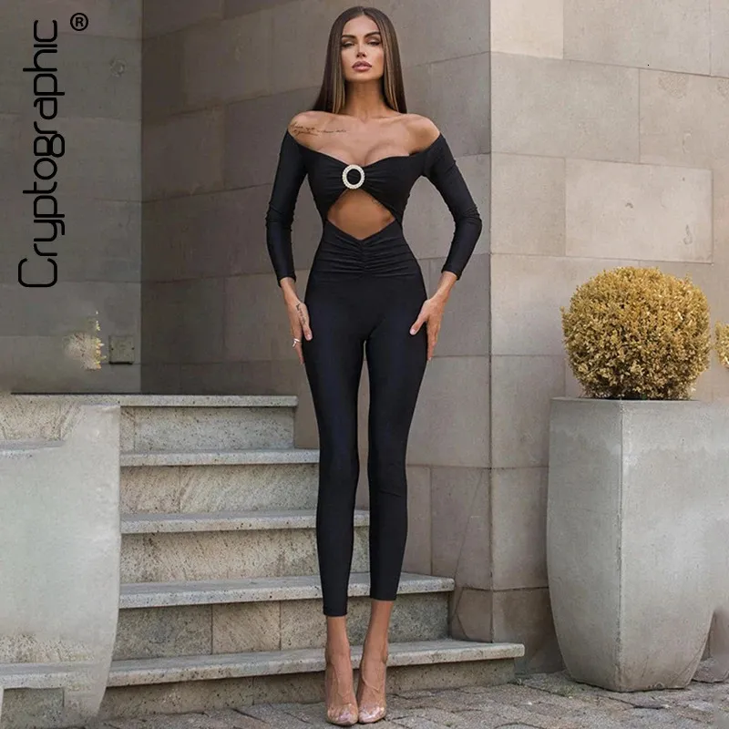 Cryptographic Fashion Off Shoulder Sexy Cut Out Bodycon Jumpsuits for Women Elegant Outfits Overalls Ruched Rompers 240409