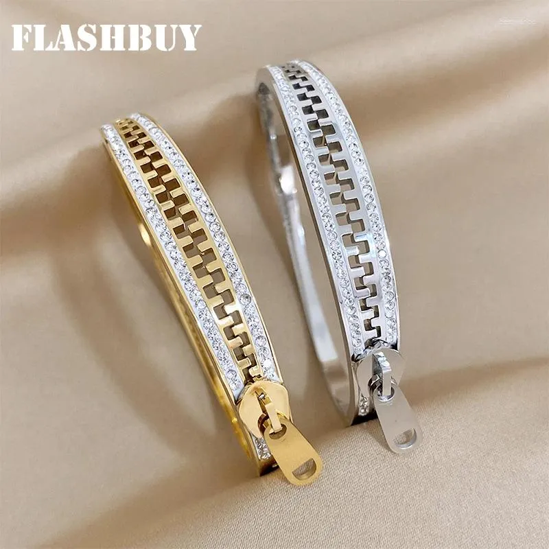 Bangle Flashbuy Creative Shiny Rhinestones Zipper Rostfritt stål Armband Uttalande 18K Guldpläterad modesmycken Pulsera