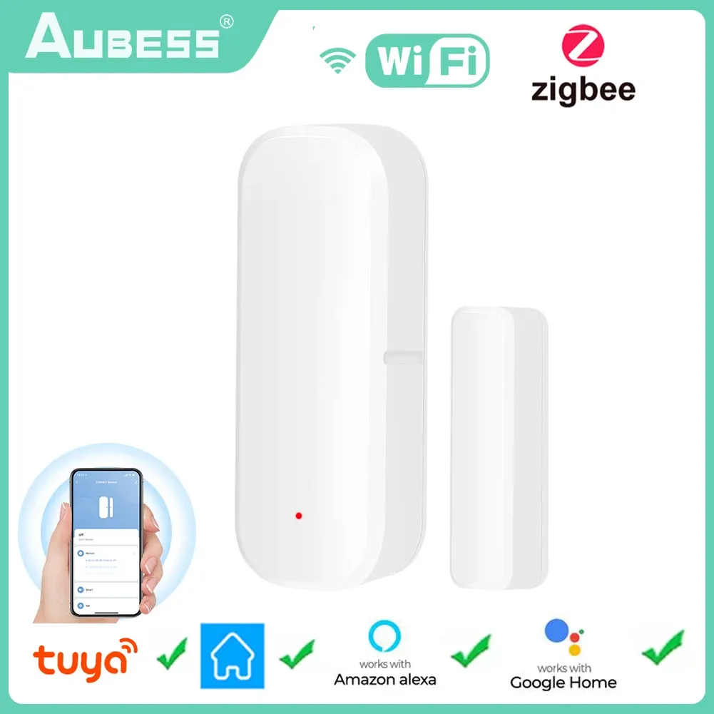 Управление Aubess Tuya Zigbee Wi -Fi Датчик датчика дверного датчика Смарт -датчика с детектором тревоги Независимая магнитная работа с Alexa Google Home