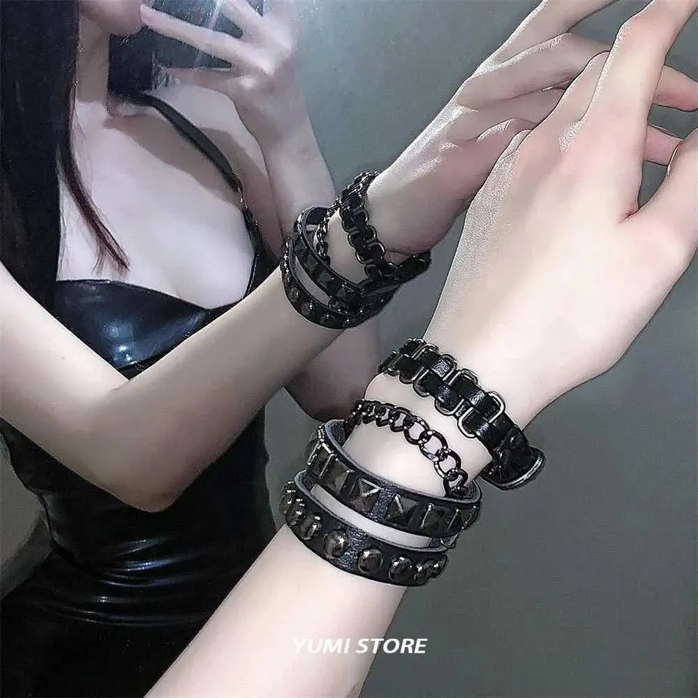 Chain 2023 Punk Dark PU Bracelet For Women Men Hip Hop Rock Chain Multi Layered Bracelet Trend Retro Gothic Jewelry Dancer Accessories Y240420