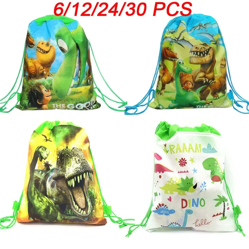 Väskor tecknad dinosauriefestväskor för barn födelsedag dragkammare ryggsäck nonwoven tyg barn skolväska arrangör påse