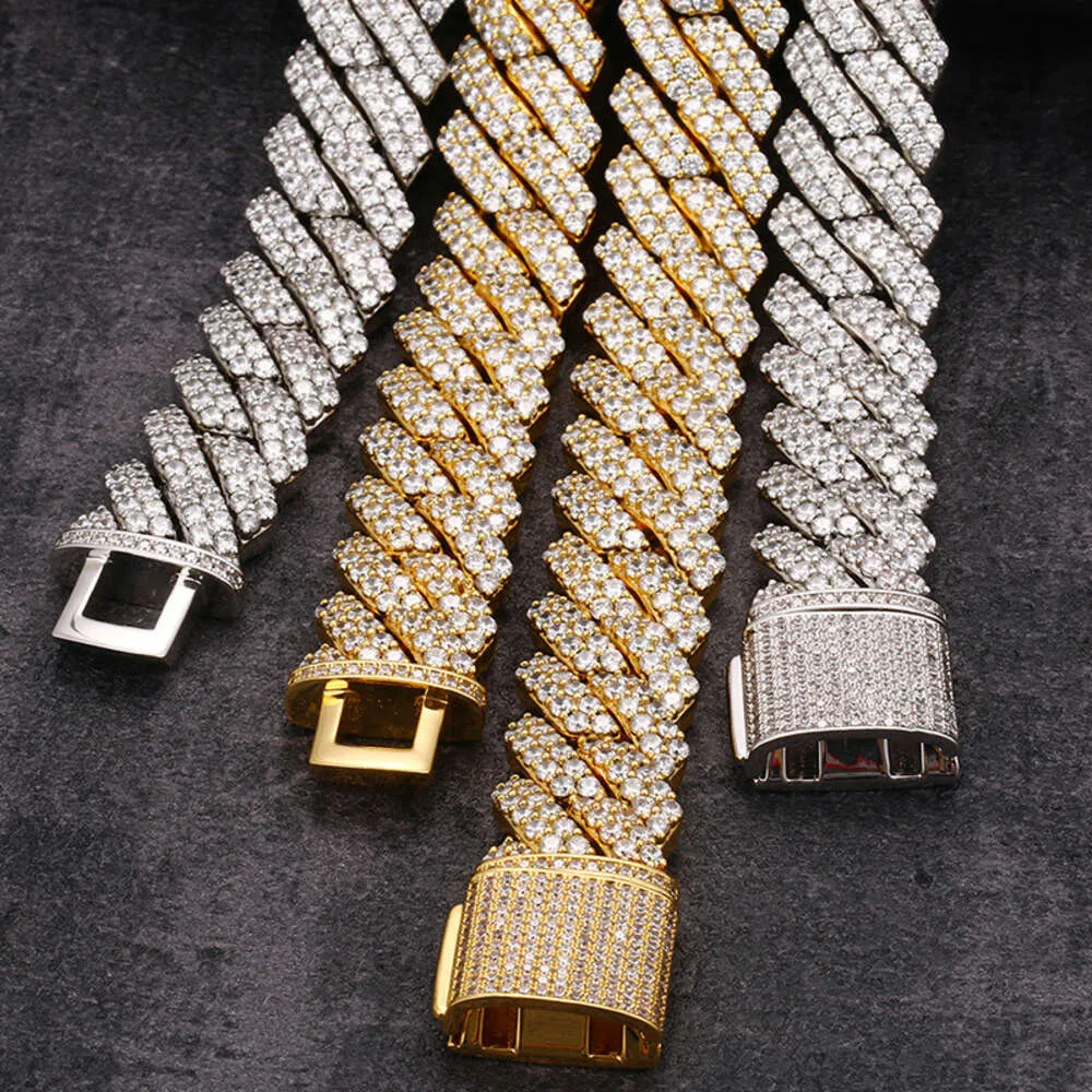925 Silver Vermeil Iced Out Diamonds Collier Moisanite 20 mm 2 rangées PRONG CUBAN Collier Bracelet Hip Hop Bijoux pour hommes