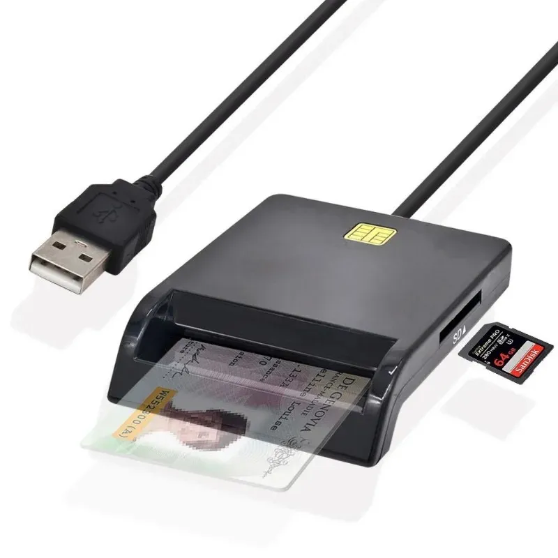 Nouveau lecteur de carte d'identité de rendez-vous de taxe de revenus noir avec indicateur LED pour lecteur de carte multifonction - SIM Phone Carte Smart Chip Reader - 2024