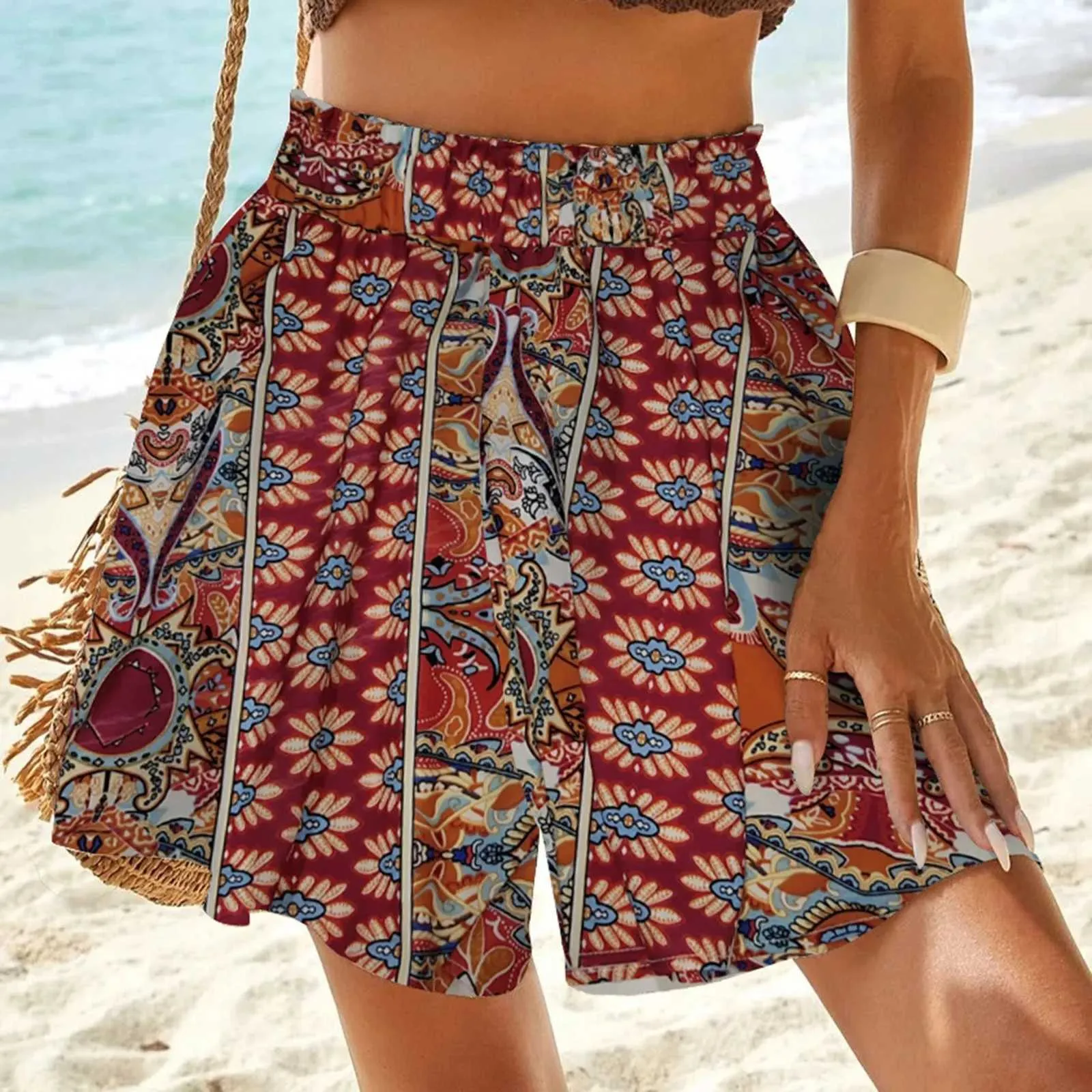 Women's Shorts Womens Summer Bohemian Print Shorts Loose High Waisted Elastic Casual Cute Beach Short Baggy Soft Comfortable Shorts Women Y240420