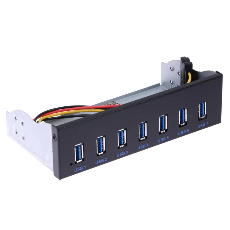 Cartes USB 3.0 Hub 7 Ports 5Gbps 5.25 "CDROM Drive Bay CD ROM Front Panneau pour le cas de l'ordinateur USB 3.0 19pin En-tête de Typea Male Câble