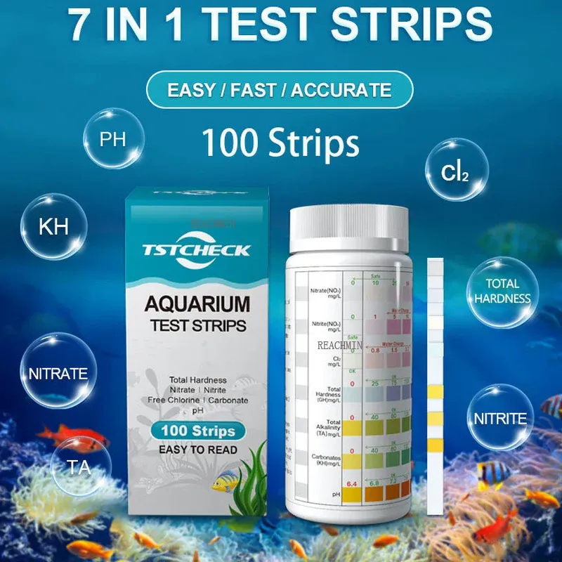 Acquari 7in1 100strip Aquarium Strips Kit di prova del serbatoio del pesce per kit di prova dell'acqua d'acqua salata d'acqua dolce per rilevare pH NO2 NO3 kH GH Cl TA