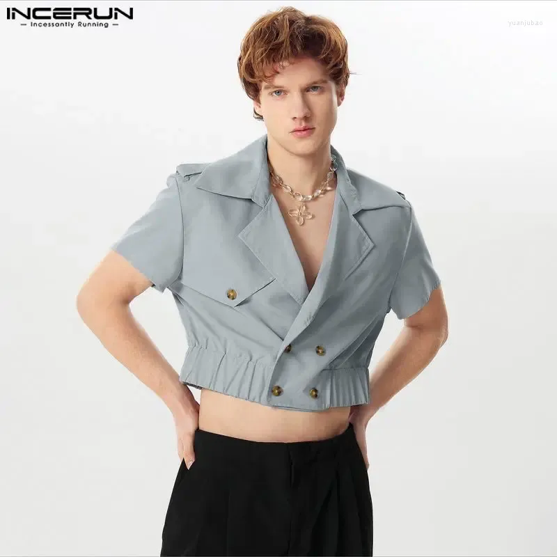 جاكيتات الرجال 2024 الرجال الصلبة ملون صدري القشور قصيرة الأكمام مزدوجة الصدر معاطف محصول الذكور أزياء أزياء عرضية S-5XL Incerun