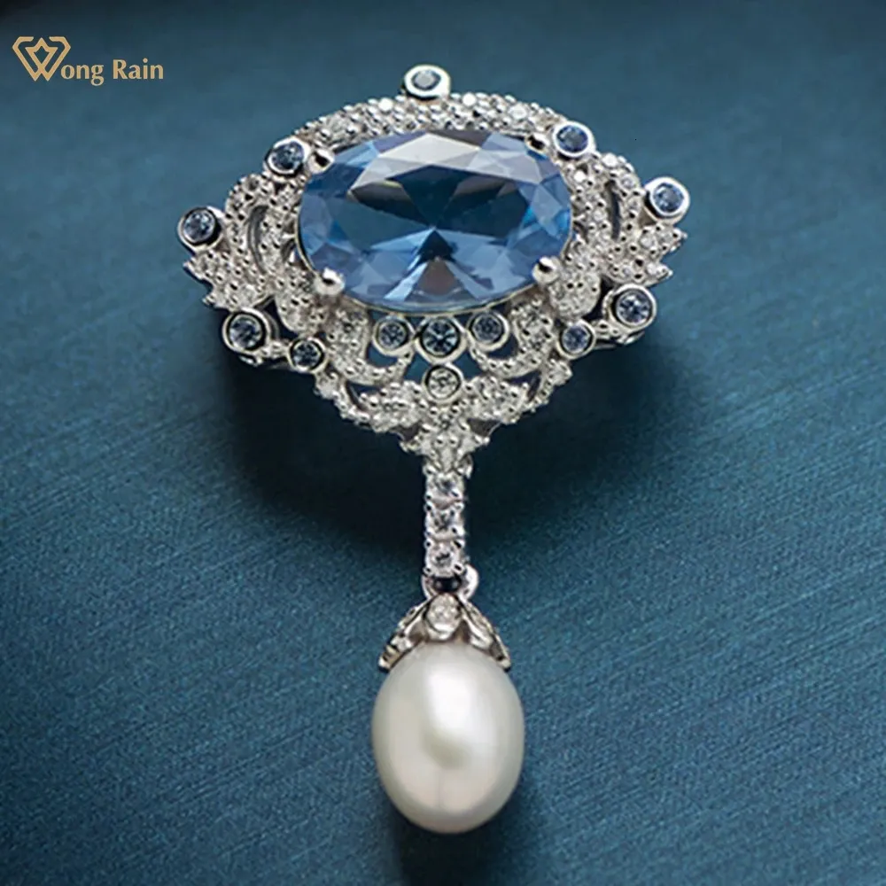 Wong Rain 925 Sterling Sliver Oval Blue Spinel Pearl High Carbon Diamond Gemstone Brooch Brosches Fine Jewelry Jubileumsgåvor 240418