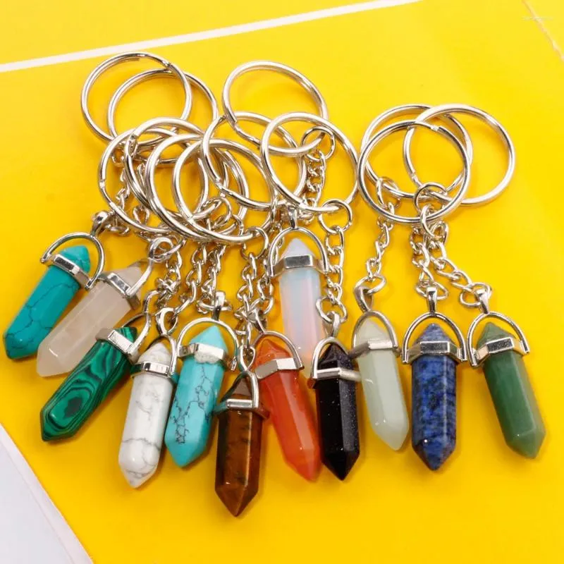 Keychains Natural Stone Hexagonal Prism Keychain Rose Quartz Tiger's Eye Opal Crystal Ring Chain Keyring