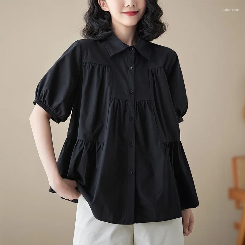 Kadınlar bluzları Avrupa Amerikan tarzı patchwork Shirring Chic Girl's Siyah Beyaz Yaz Sıradan Bluz Gömlekleri Kadın Dış Giyim Gömlek